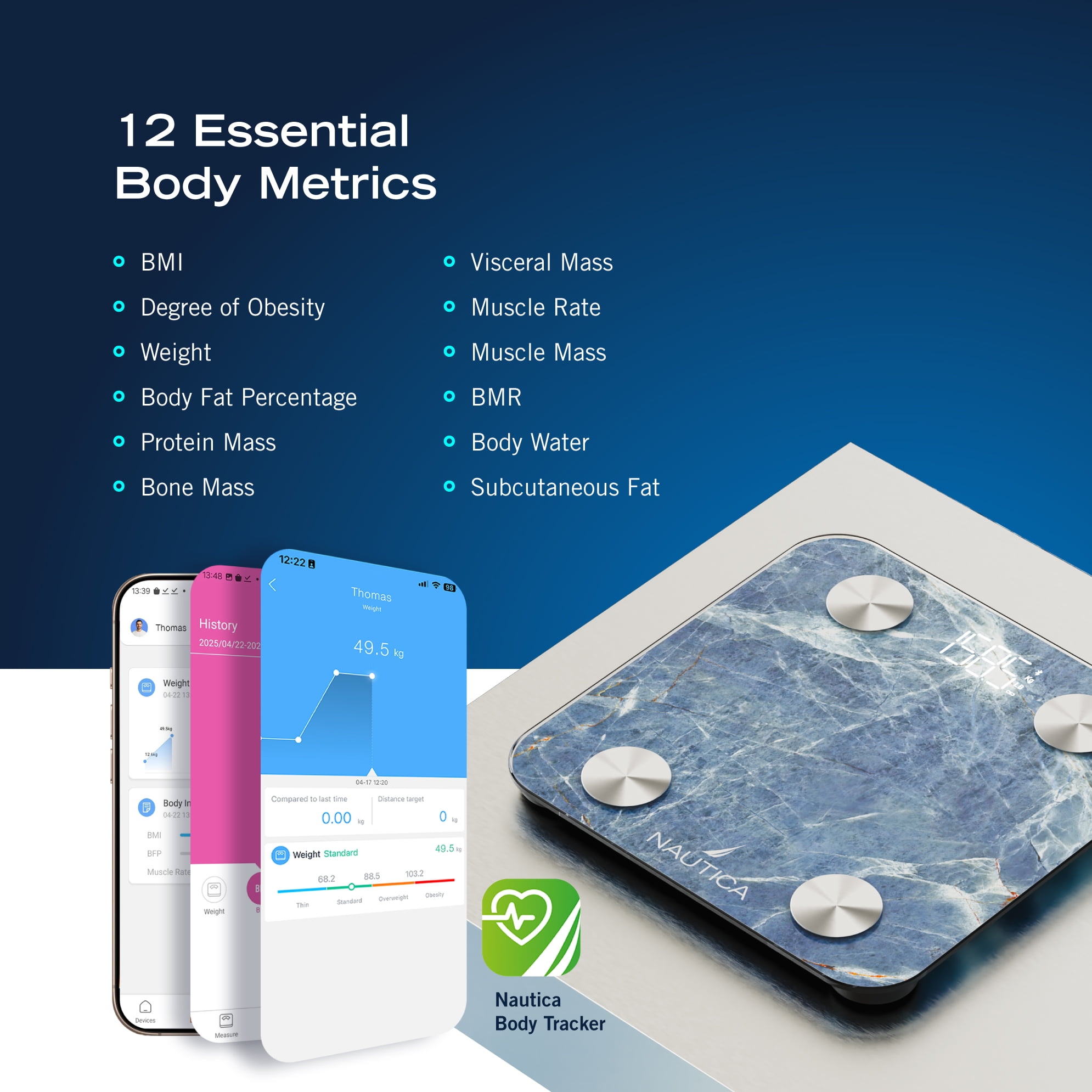 Nautica Body Tracker Smart Scale - 12 Body Metrics, Bluetooth Syncing, Stylish Design, iOS & Android Compatible