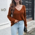 thumbnail image 3 of Defitshape Women's Long Sleeve Sweater V Neck Top Deep V Neck Sexy Drop Shoulder Holiday Cutout Soft Knitwear Coffee Medium, 3 of 4