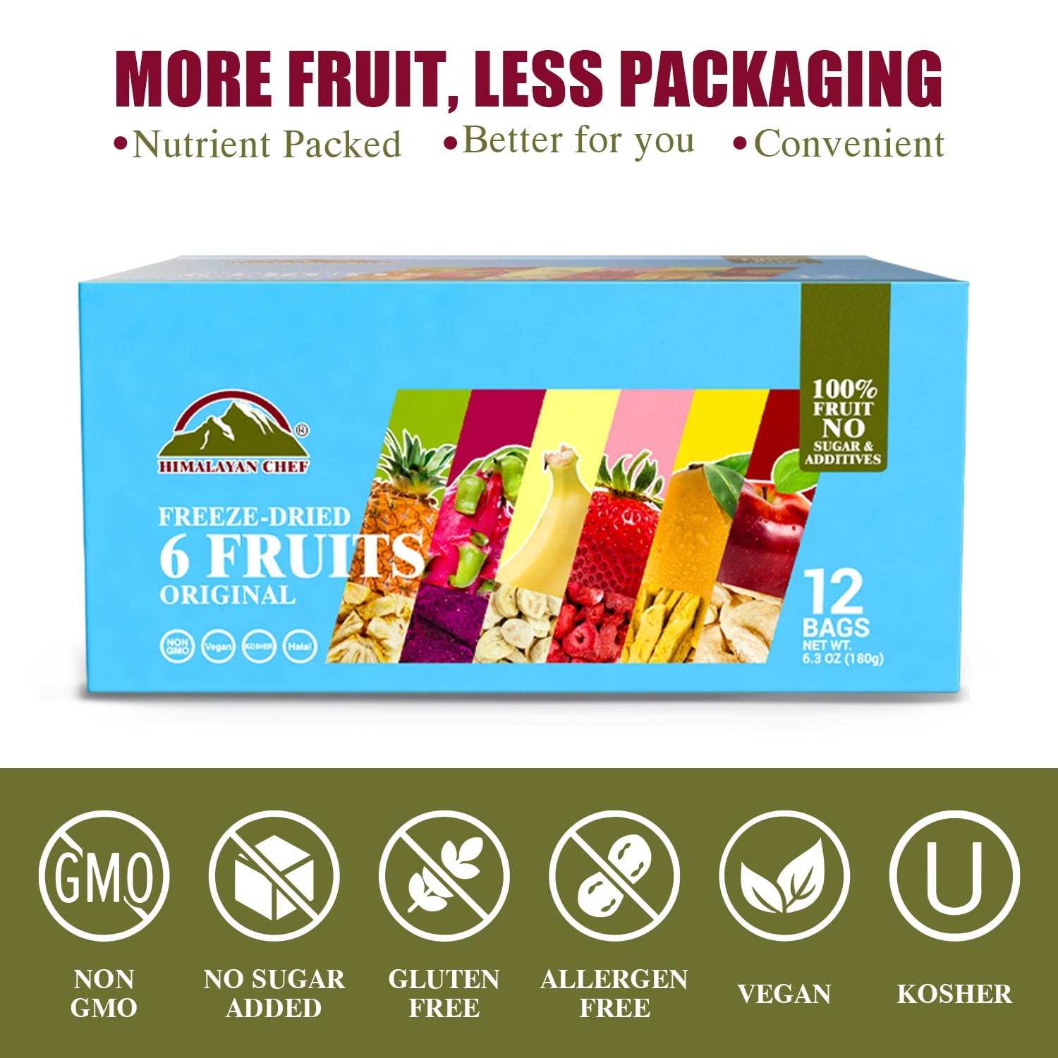 Himalayan Chef Freeze-Dried Fruit Mix (12 Bags) | Healthy Snack for Kids & Adults, 6 Assorted Fruits: Banana, Apple, Mango, Pineapple, Strawberry & Dragon Fruit