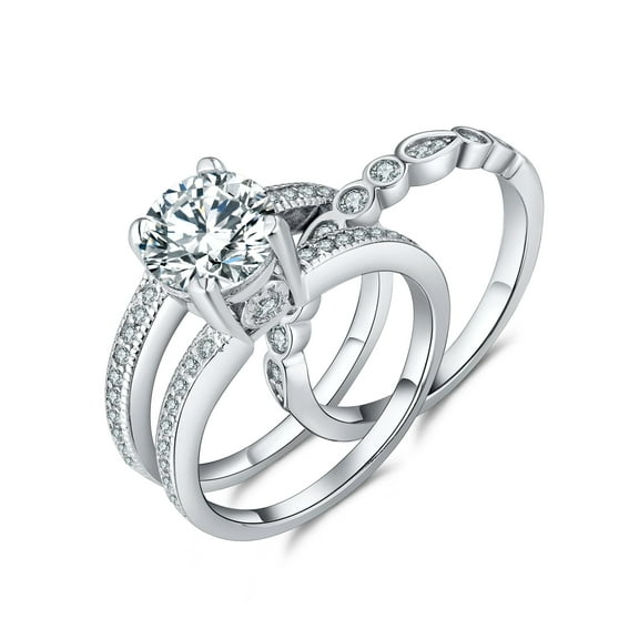 Wedding Ring Set 2.1 Carats Round Cut Cubic Zirconia Sterling Silver Bridal Sets for Women