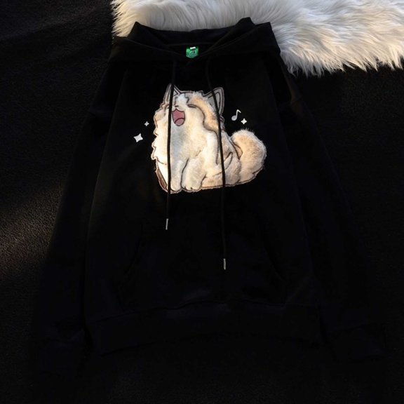 Women's Hoodies Sweatshirts Casual Everyday Pullover with Embroidered Cat Pattern and Oversized Pocket Long Sleeve Hoodie Top for Spring and Autumn Black M
