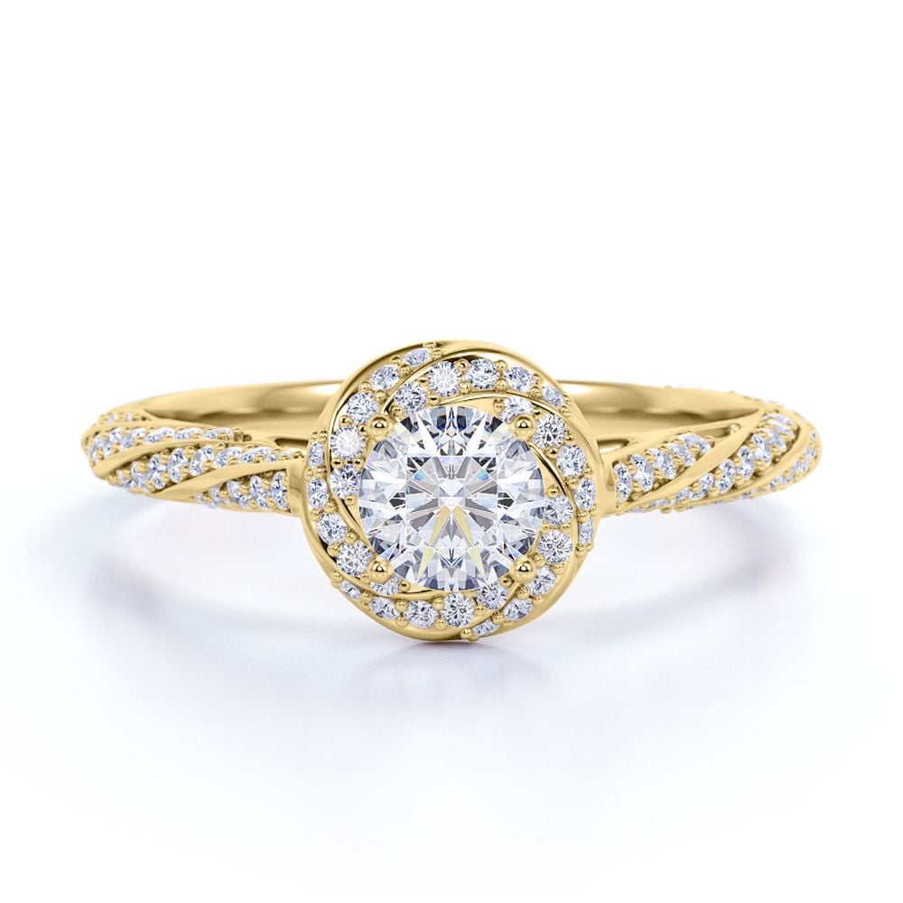 JeenMata Lavish Encrusted Twirl 1.2 TCW Round Cut Moissanite Pave-Halo Engagement Ring in 18K Yellow Gold Plating over Silver