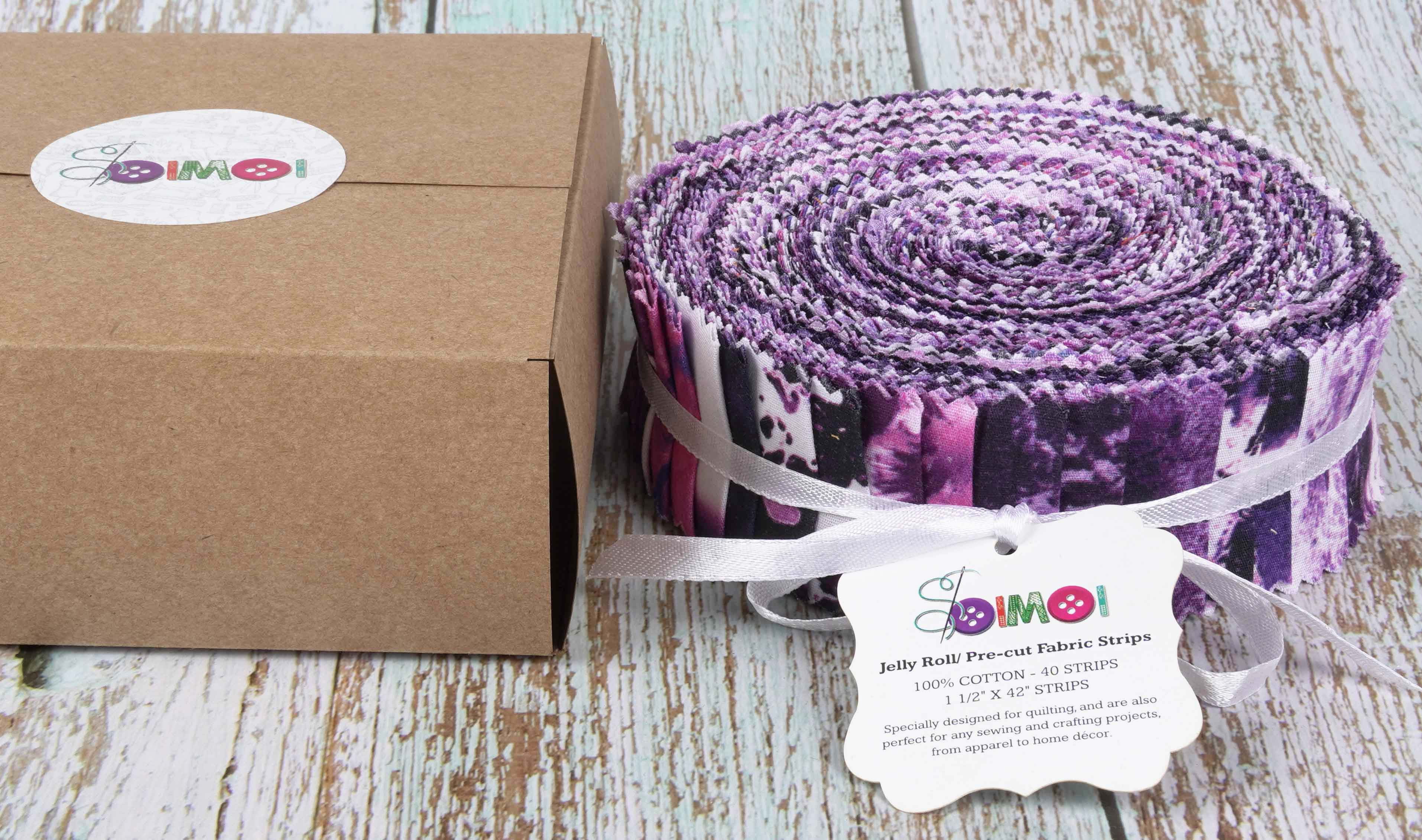 Soimoi 40Pcs Tie Dye Print Precut Fabrics Strips Roll Up 1.5x42inches Cotton Jelly Rolls For Quilting - Purple