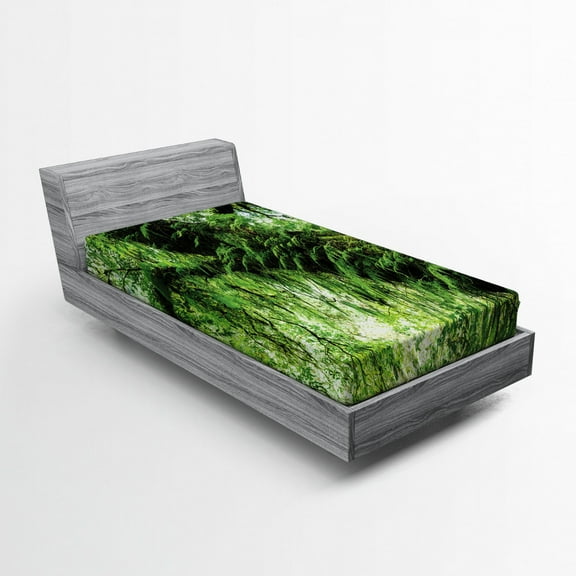 Ambesonne Tropical Fitted Sheet, Idyllic Spring Jungle, Twin Size, Green Brown