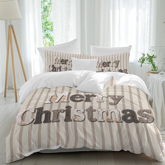 Duvet Cover Twin Size 3 Piece Bedding Set, Merry Christmas Wood Texture Soft Breathable Comforter Cover with 2 Pillow Shams, Farm Beige Stripes Burlap Luxury Duvet Covers with Zipper Closure