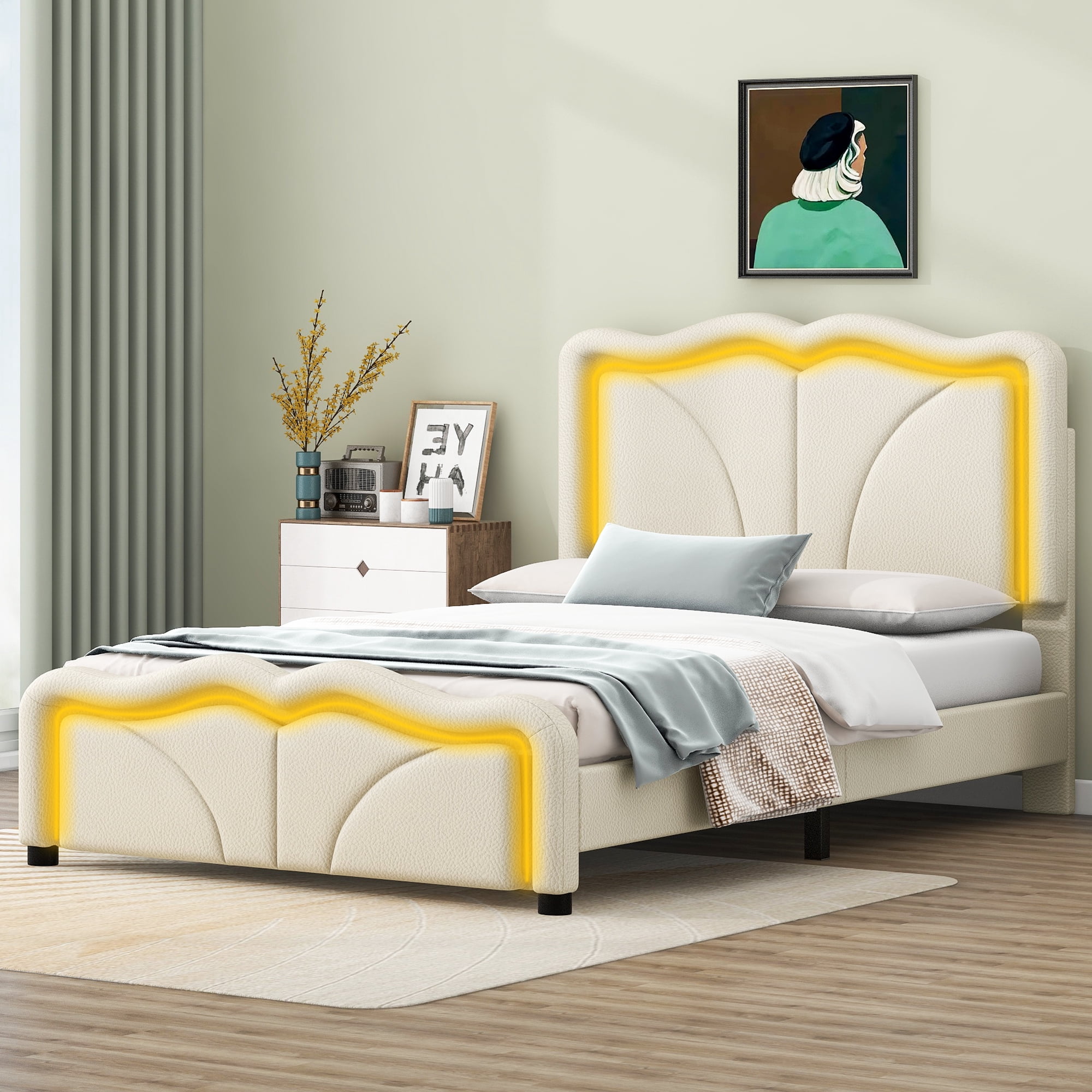 EUROCO Upholstered Twin Platform Bed, Cartoon Bed with Adjustable Headboard and LED Light for Toddler Kids Teens Adults, Beige