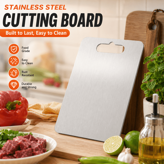 VBNDMAW Stainless Steel Cutting Board, Double-Sided Non-Slip Chopping Board for Kitchen, Built-In Handle, Dishwasher Safe, 13.4 x 9 In