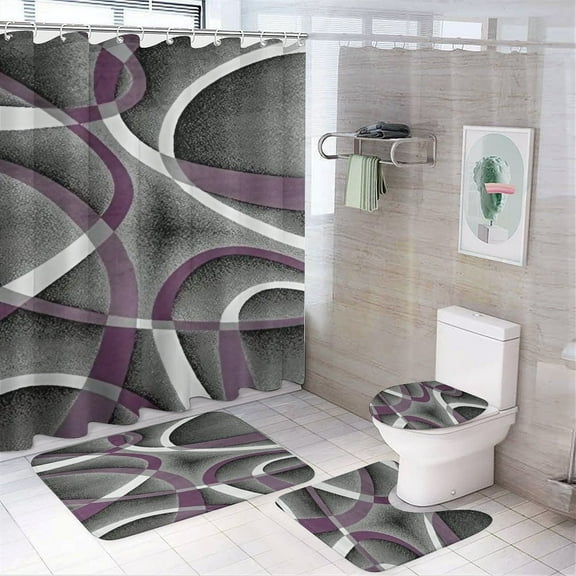 Modern Abstract 4 Piece Shower Curtain Sets, Non-Slip Rugs, Toilet Lid Cover And Bath Mat, for Bathroom Decor Set, 72" X 72"