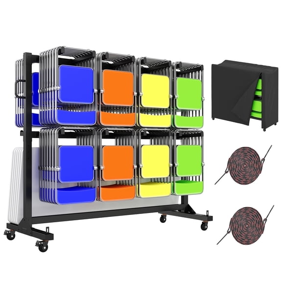 Jocisland Folding Chair Rack, Holds 12 Tables or 112 Chairs, 1250 lbs Capacity, Heavy-Duty Cart with Wheels, Elastic Cords, Cover, Glossy Black