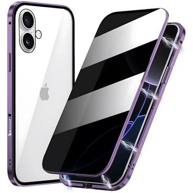 KOMI Magnetic Privacy Case for iPhone 16 Plus, Anti peep Magnetic Adsorption Double Side Tempered Glass Full Body Case Privacy Screen Protector Metal Titanium Frame Clear Back Phone Case Cover Purple