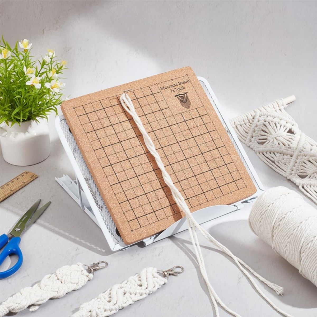 44 Pcs Macrame Board Set, Kvago Metal Adjustable Holder with 30 T Shaped Pins, Double Sided Gridss, Macrame Tools and Supplies for Bracelet Creating, Knotting Creations (7x7 inch)