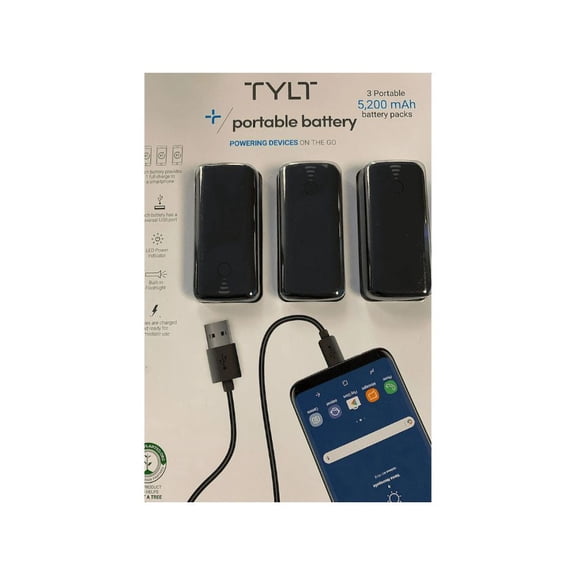 Pre-Owned TYLT 5200mAh 3-Pack Power Bank Portable Charger Pack with Built in Light