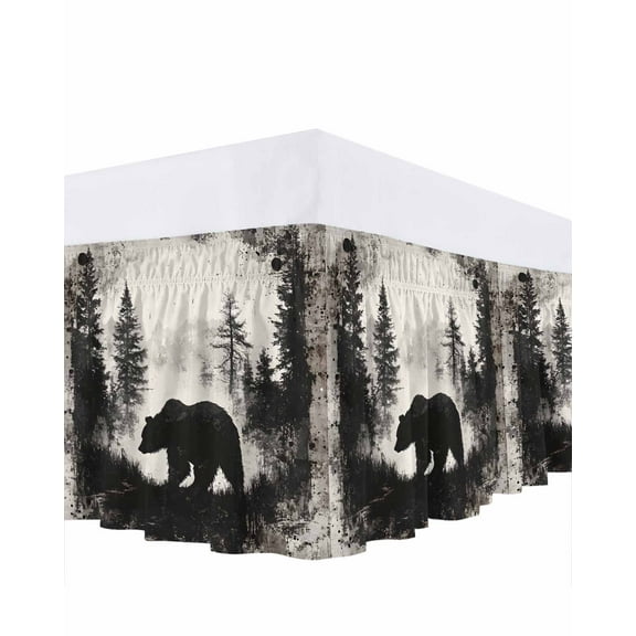 Brown Bear Bed Skirt Black Bear Forest Animal Modern Art Retro Bed Skirts Queen Size 16 Inch Drop, Wrap Around Dust Ruffle Bedskirt with Adjustable Elastic Belt for Queen Size Beds