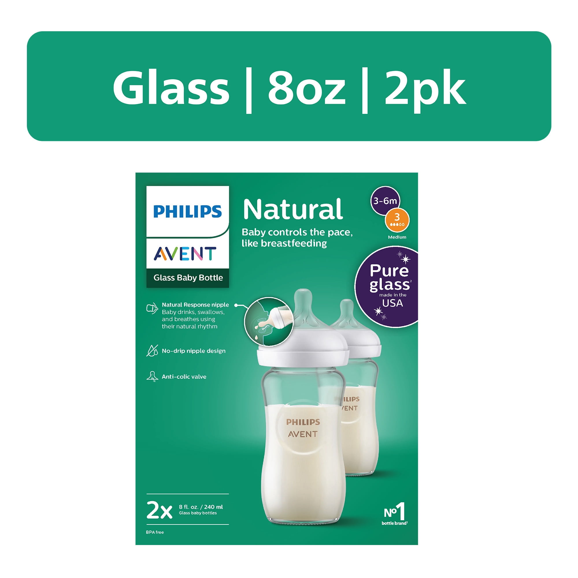 (4 pack) Philips Avent Natural Glass Baby Bottles with Natural Response Nipples (Medium Flow, Flow 3), 8oz, 2-Pack, SCY913/02