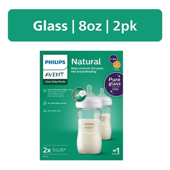 Philips Avent Natural Glass Baby Bottles with Natural Response Nipples (Medium Flow, Flow 3), 8oz, 2-Pack, SCY913/02