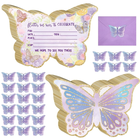 24 Pcs Butterfly Theme Party Invitations for , Includes Envelopes and Stickers, Perfect for Birthday Shower Decor, Purple