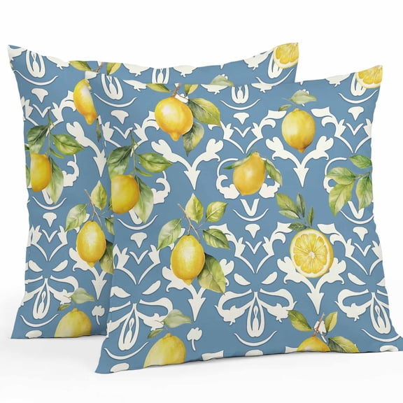 Lemon with Outdoor Pillow Covers Pack of 2 Leaves Floral Pattern Blue Waterproof Throw Pillow Covers Decorative Cushion Cases for Patio Garden Tent Balcony Couch 24x24 inch