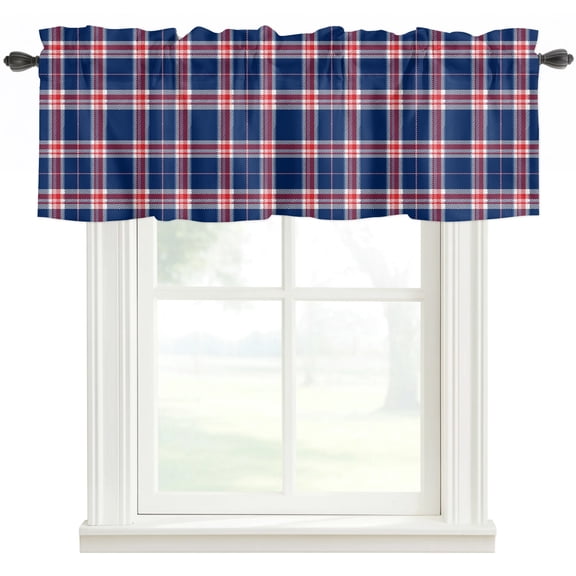 Bue Red Checkered Rod Pocket Curtain Valance, Farmhouse Buffalo Plaid Gingham Farmhouse Window Valance for Living Room, Bedroom, Kitchen 54"W x 18"L