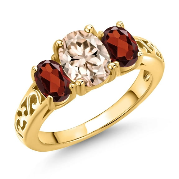 Gem Stone King 18K Yellow Gold Plated Silver Peach Morganite and Red Garnet Filigree Style 3 Stone Ring for Women (2.14 Cttw, Oval 8X6MM and 6X4MM) (Size 5)