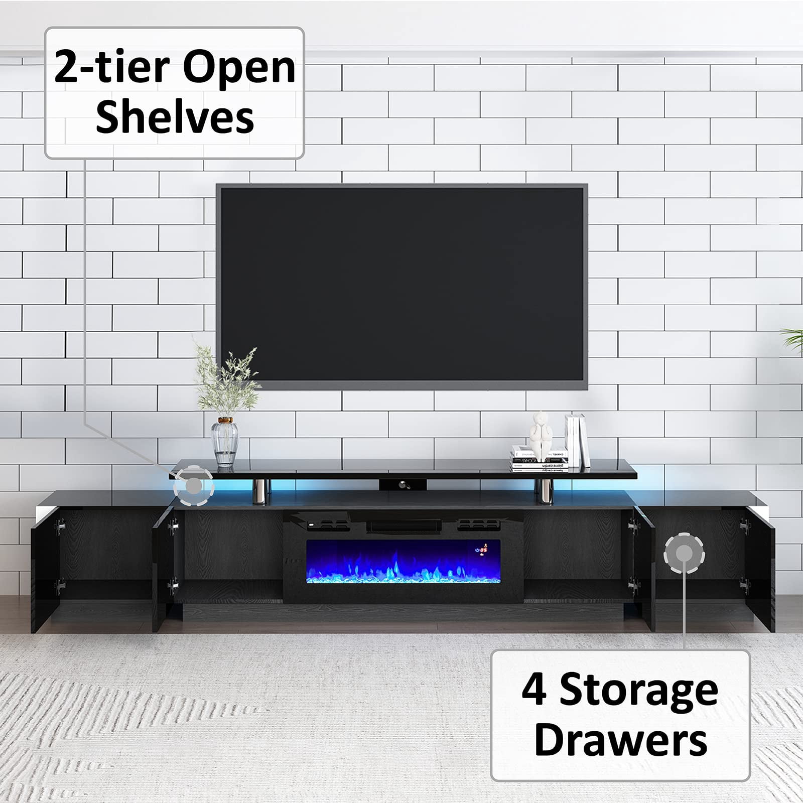 Amerlife 110" Large Fireplace TV Stand Set with 36" Electric Fireplace, Modern High Gloss TV Console Table for 80" TV, Black