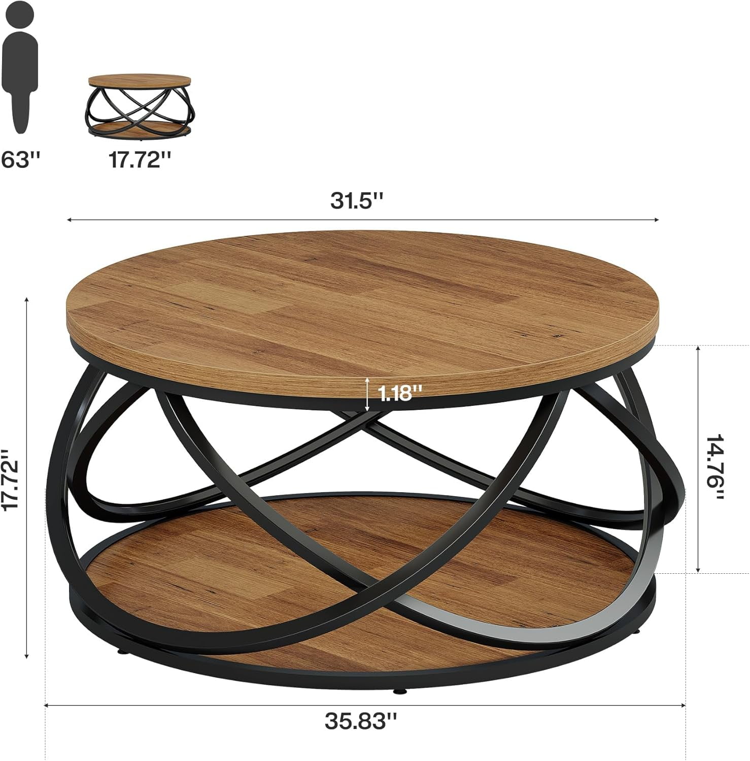 Tribesigns 31.5" Round Coffee Table, 2-Tier Circle Center Table with Metal Frame, Rustic Accent Cocktail Table for Living Room, Small Space, Brown & Black