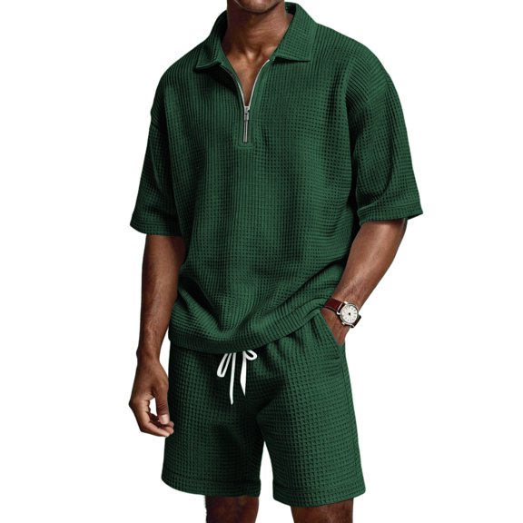 CIENVNSTG Mens 2 Piece Outfits Waffle Knit Outfit Half Zip Polo Shirt Summer Short Sleeve Shorts Sports Set