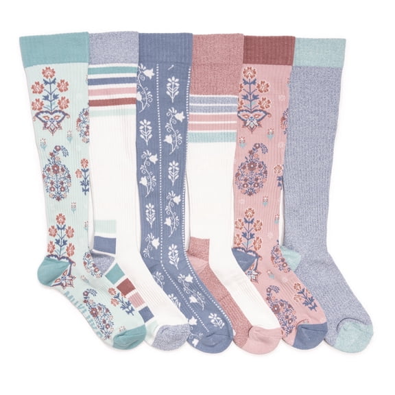 MUK LUKS Women's 6 Pack Tall Cotton Compression Knee-High Socks
