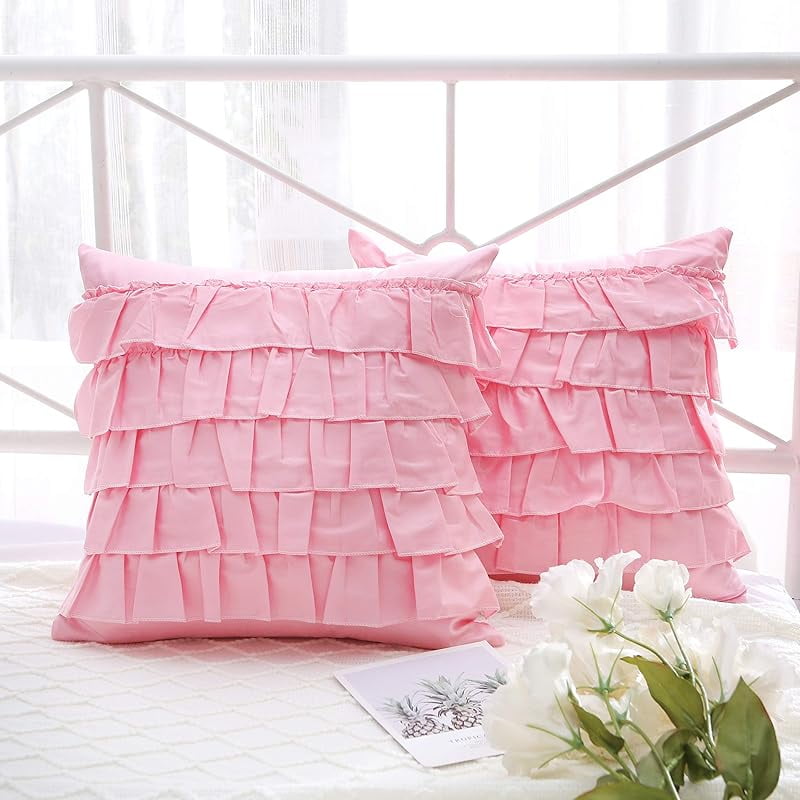 Bright Pink Throw Pillow Covers with Waterfall Ruffles 5 Lays Square Cushion Cases Egypt Cotton 18"X18" 2-Pack