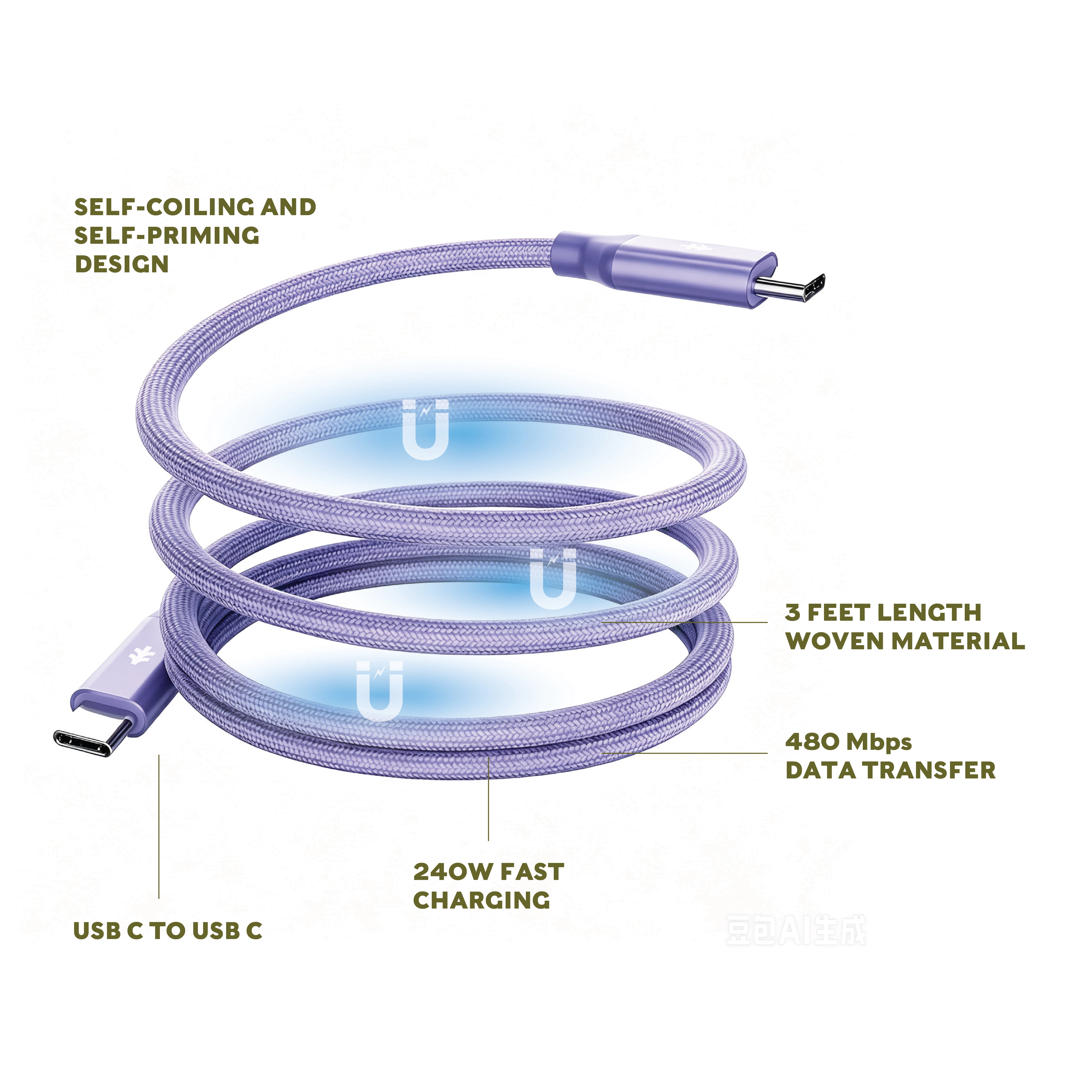 Swiss Tech Kabel M240 3 ft 240W Magnetic Self-Coiling USB-C Charging Cable, Myrtle Purple