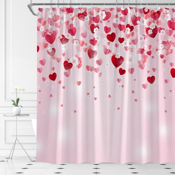 Rideau de Douche de la Saint-Valentin Cœur Rouge Rose Floral Romantique Doux Couple Ensemble de Rideaux de Salle de Bain en Tissu avec Crochets (70 Pouces L X 70 Pouces H)