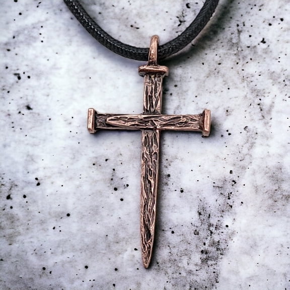 Nail Cross Large Rugged Antique Copper Finish Pendant Black Cord Necklace