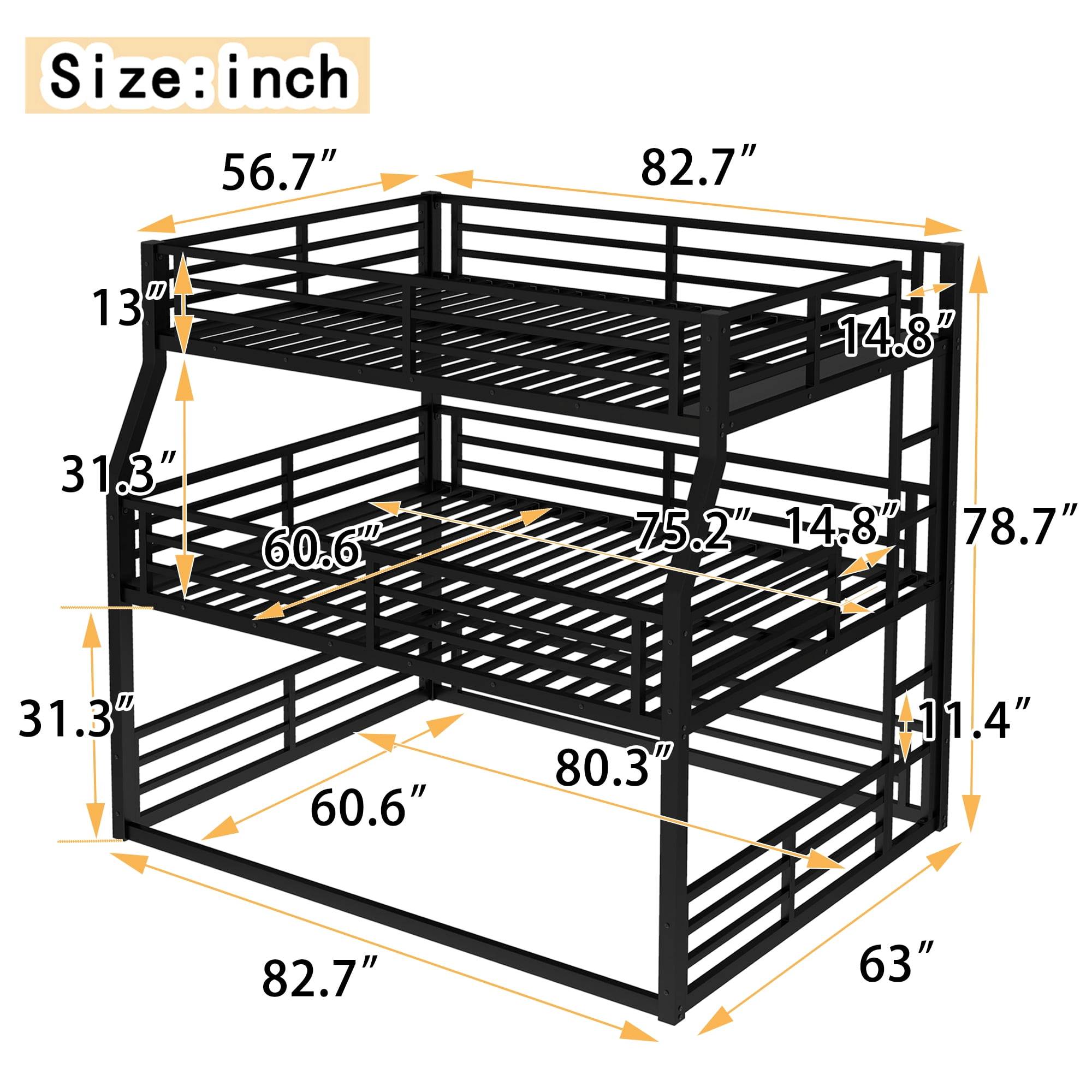 Full XL over Queen over Queen Bunk Bed for Kids, Triple Bunk Beds for 3, Space-Saving, Black