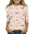 thumbnail image 3 of Ugoldhm Tees for Girls Bow Graphic 3/4 Sleeve Round Neck Tops Causal Summer Fall Kids Shirts, 3 of 5