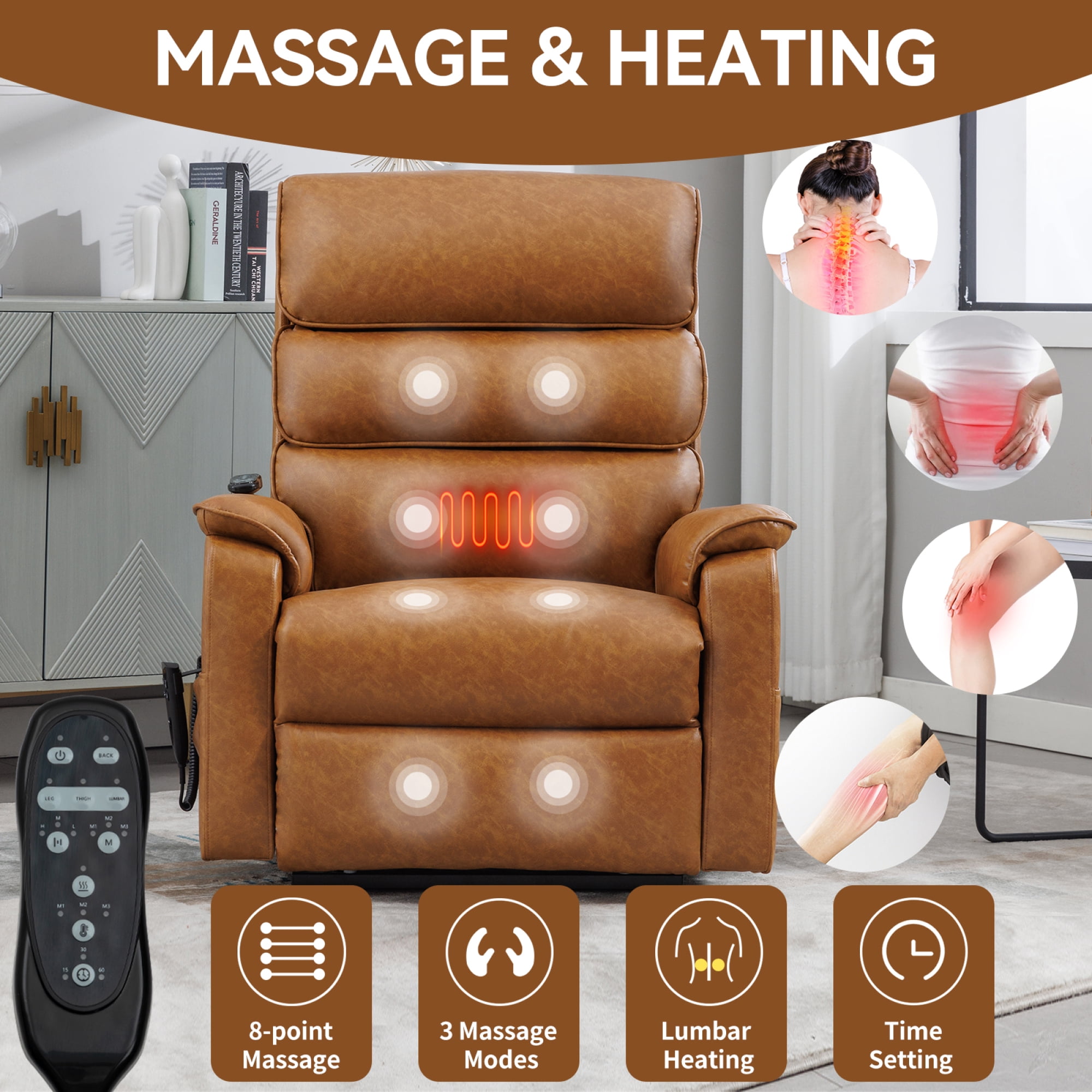 Leumius Power Lift Recliner Chair for Elderly with Vibration Massage and Lumbar Heating,Electric Lift Recliner Single Sofa with Side Pocket and Infinite Position for Living Room,Yellow Brown