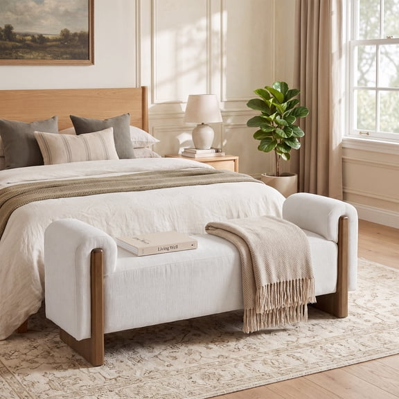 55" Upholstered Bed Bench with Wood Base & Armrests, Modern End of Bed Bench for Bedroom