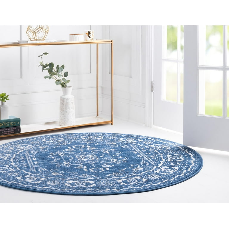 Rugs.com Boston Collection Rug – 8 Ft Round Blue Low-Pile Rug Perfect For  Kitchens, Dining Rooms