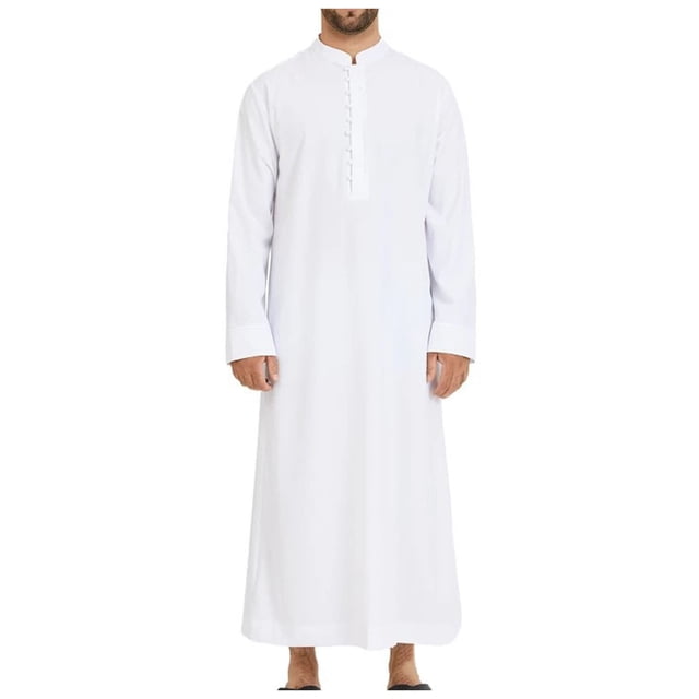 Men's Muslim Loose Stand Round Neck Robe - Arab Middle Eastern Clothing for Daily - Two-Way Stretch Spandex Material