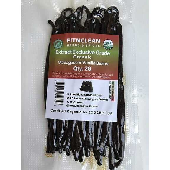 26 Organic Madagascar Vanilla Beans Extract Exclusive Grade B| 4.5" - 5.5" by FITNCLEAN VANILLA| Certified USDA Organic. Bulk Dry Whole Bourbon NON-GMO Pods