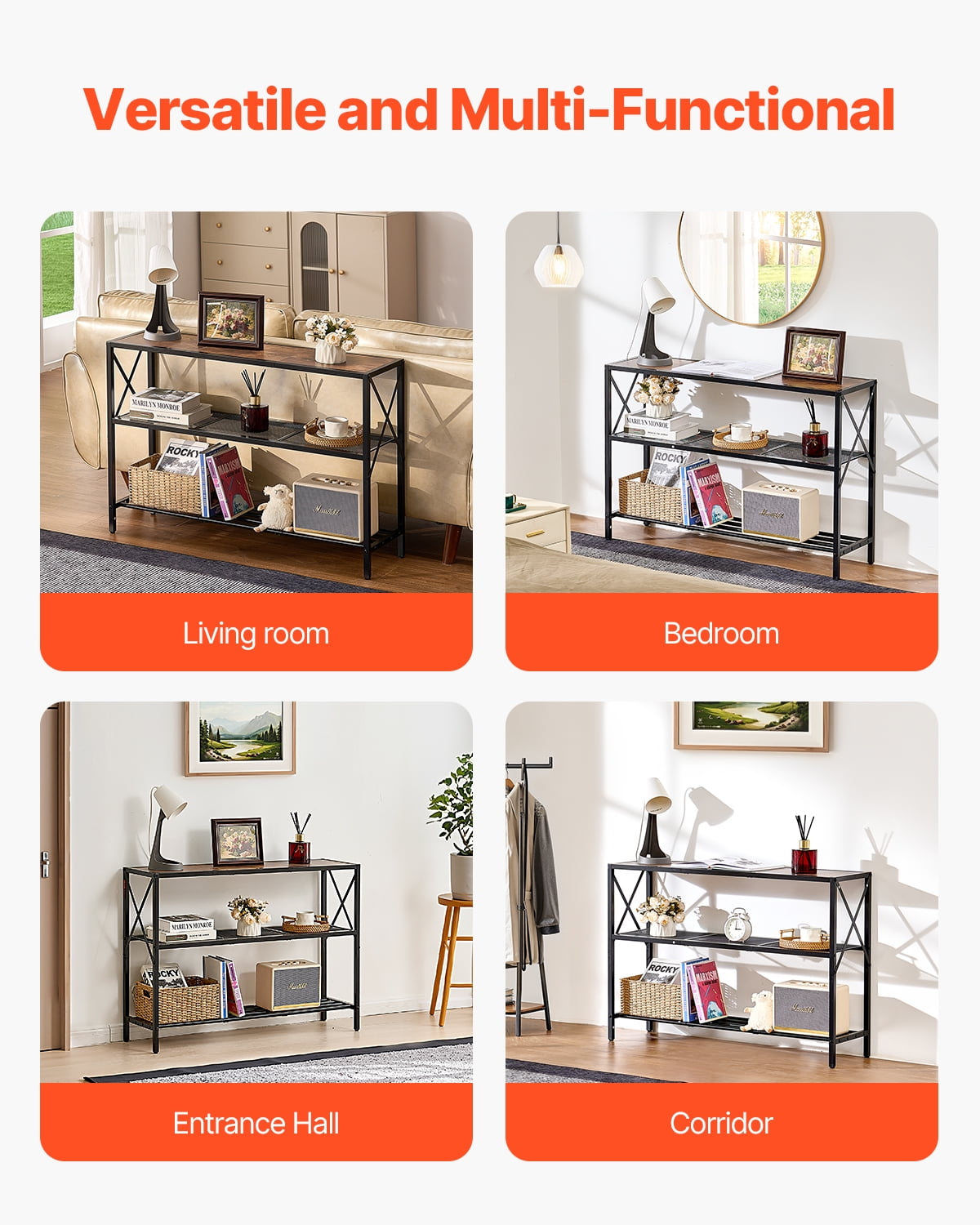 VEVOR Narrow Console Sofa Table, 41.7 inches Behind Couch Table, 3-Tier Long Entryway Table and Skinny Hallway Table, Narrow Sofa Table with Metal Frame, for Entryway, Hallway, Living Room & Bedroom