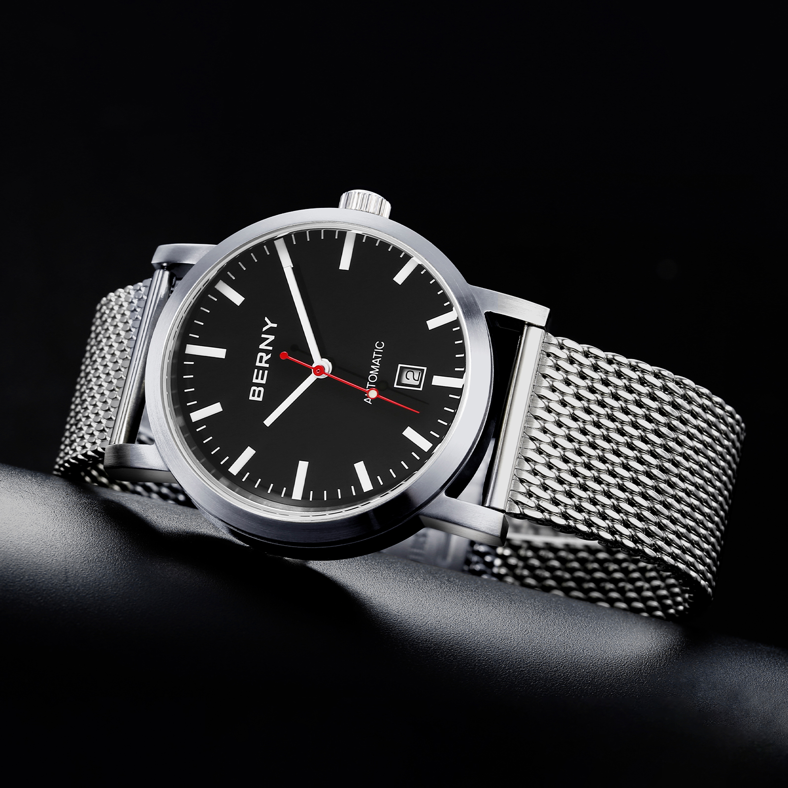 BERNY Automatic Watch for Men, Classic Mechanical Wristwatch with Stainless Steel Mesh Band, Date Calendar, 5ATM Waterproof, Super Luminous, Red Seconds Hand (Black)