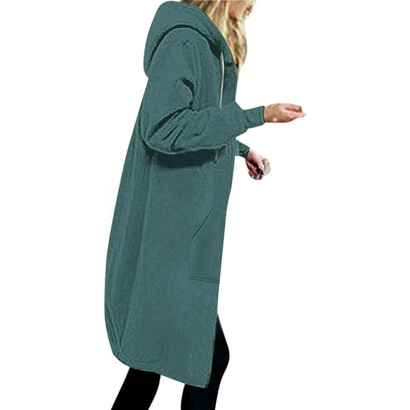 Qetyuw Long Hooded Jackets for Women Full ZIp Up Oversized Open Front Cardigan Jacket Casual Long Sleeve Coat Outwear