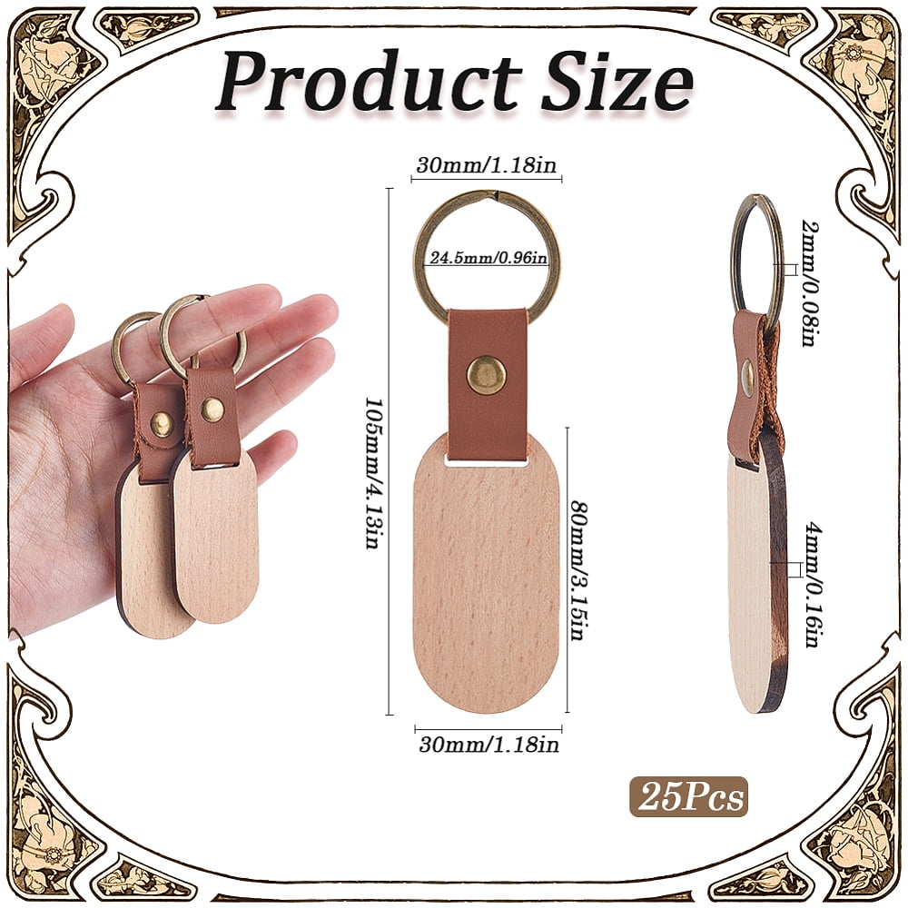 25Pcs Leather Wood Keychains Wood Blank Keychain Bulk Imitation Leather Strap Unfinished Wooden Oval Engraving Pendant Key Chains Tags