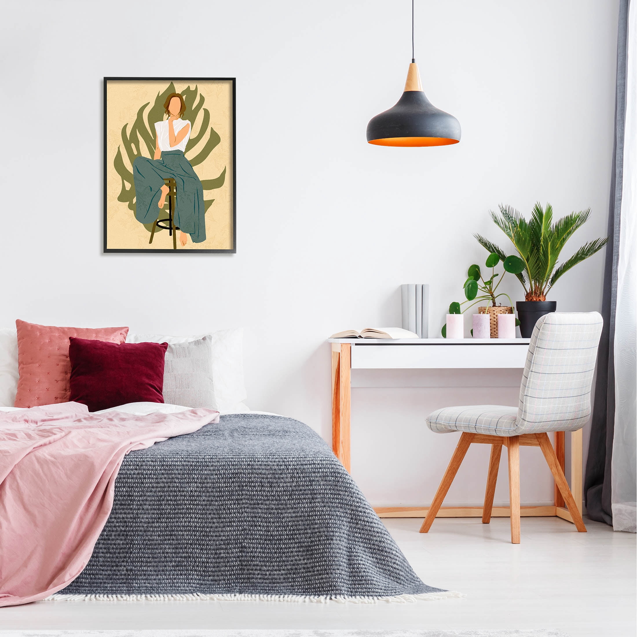 Boho Woman Sitting Plant Leaf Botanical & Floral Graphic Art Black Framed Art Print Wall Art
