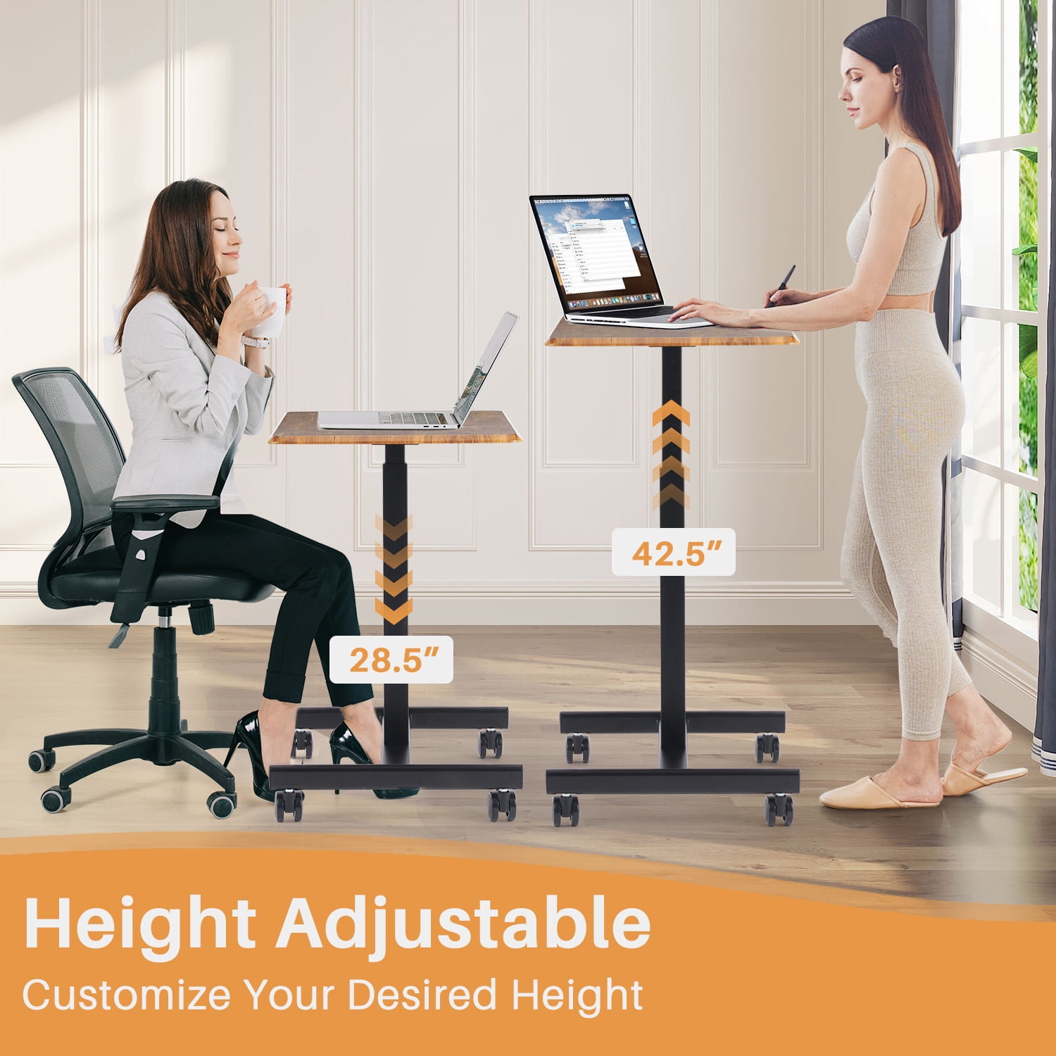 Mobile Small Standing Desk, Sit-Stand Portable Laptop Table with Lockable Wheels, Height Adjustable for Home Office, Brown