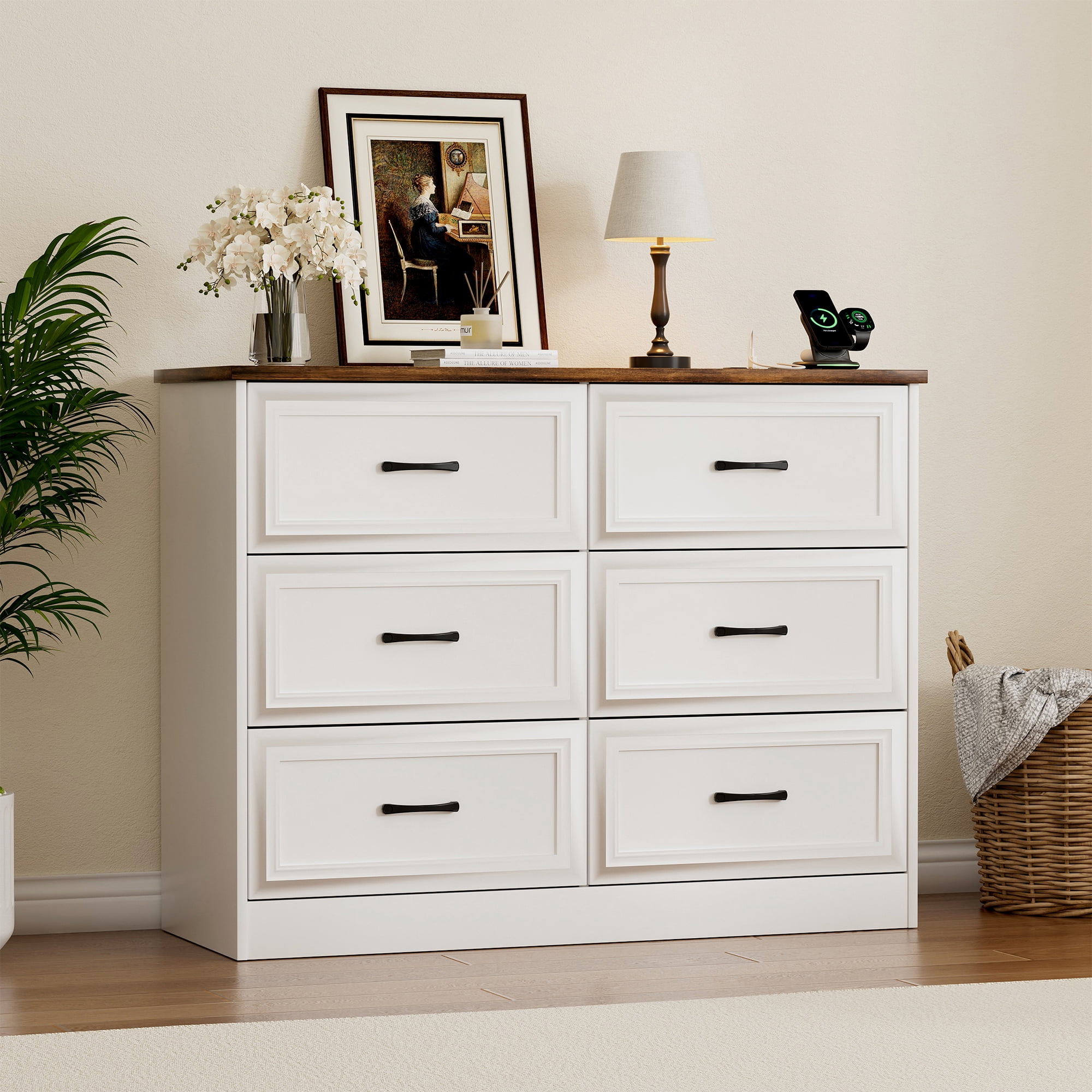 Vabches 6 Drawers Dresser with Charging Station for Bedroom, Wood Chest of Drawers, Farmhouse