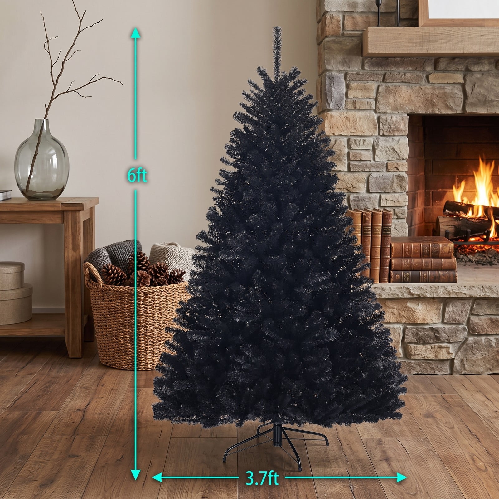 RUIE 6 Feet Hinged Artificial Halloween Christmas Tree, 1036 Branch Tips PVC Holiday Tree with Metal Stand for Indoor Outdoor Home Office Decoration, Black
