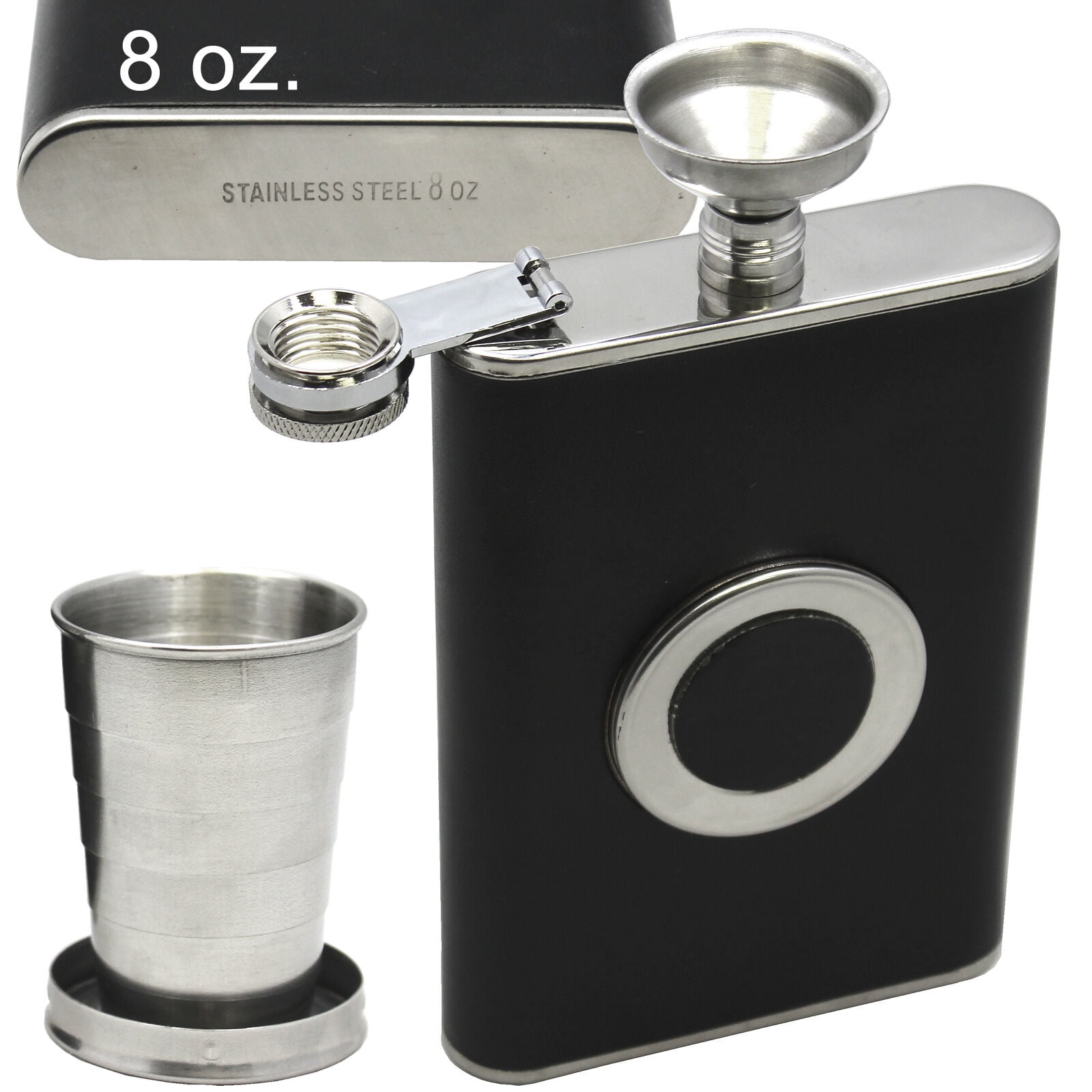 Black FLASK Builtin Collapsible SHOT GLASS Stainless Steel Screw Cap Hip Pocket 