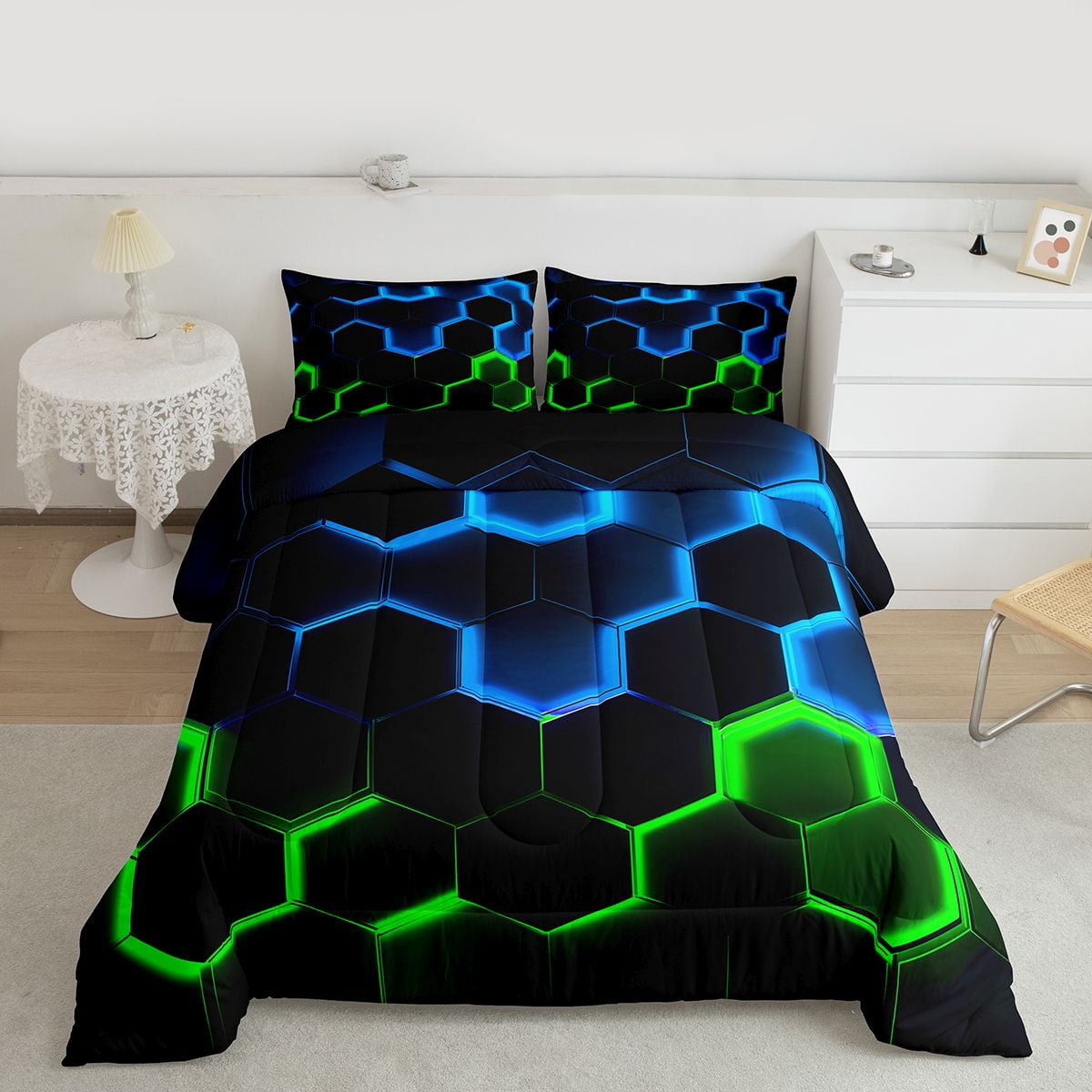 Honeycomb Bedding Comforter Set Twin Size,Geometry Hexagon Theme with Green Blue Neon Lights Quilt Set,Boys Teen Man Chic Creative Home Bedding Set Duvet Insert,Black