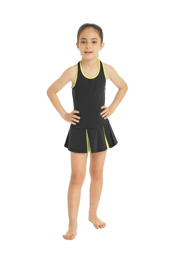 Girls Sleeveless Tennis Golf Dress with Shorts Set Teens Juniors 2Pcs Athletic Dance Outfit Workout Tracksuit Black 12