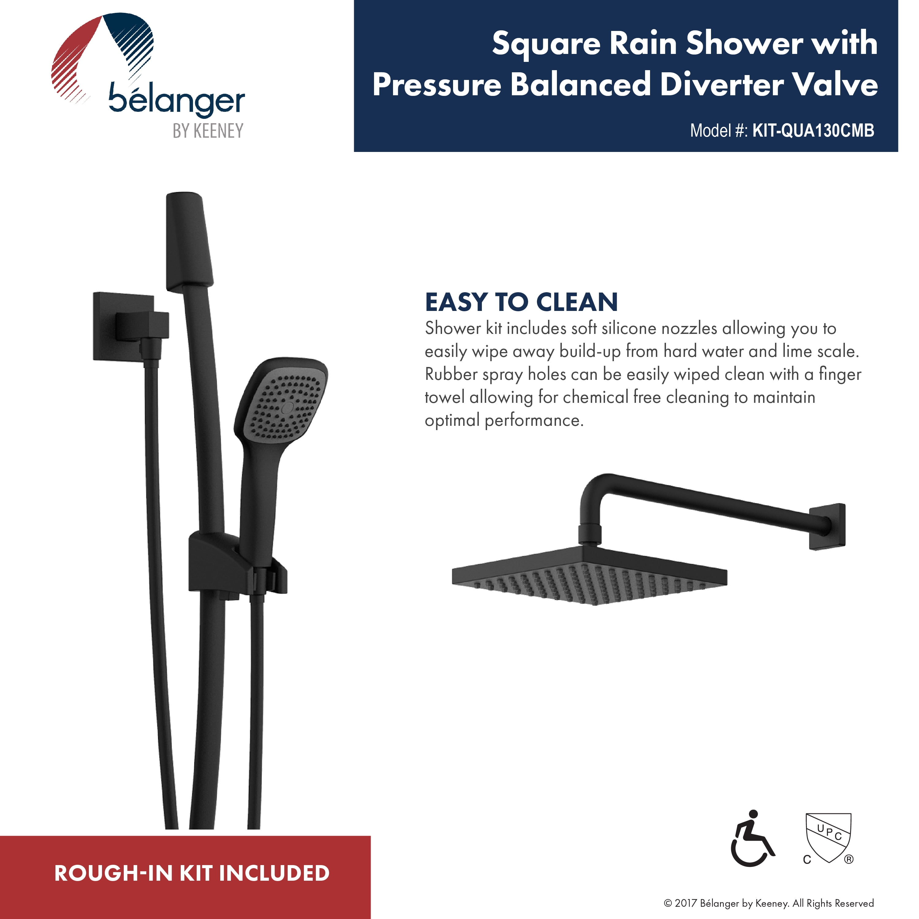 Belanger QUA130CMB Rain Pressure Balanced Square Shower System, Matte Black
